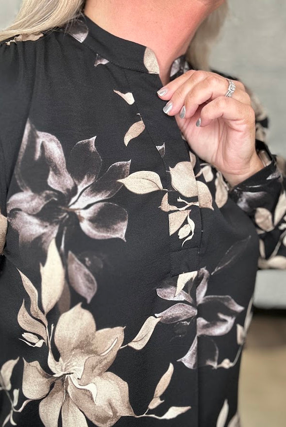 Black Floral Split Neck Blouse