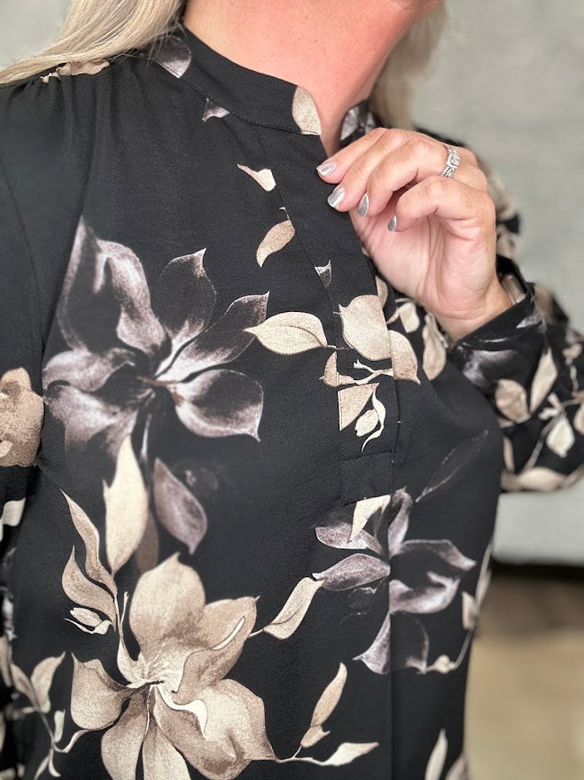 Black Floral Split Neck Blouse