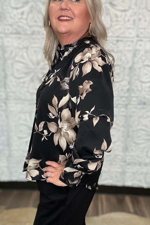 Black Floral Split Neck Blouse
