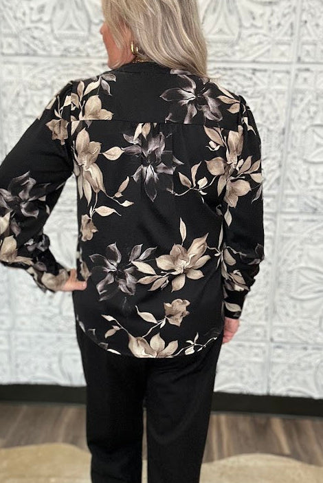 Black Floral Split Neck Blouse