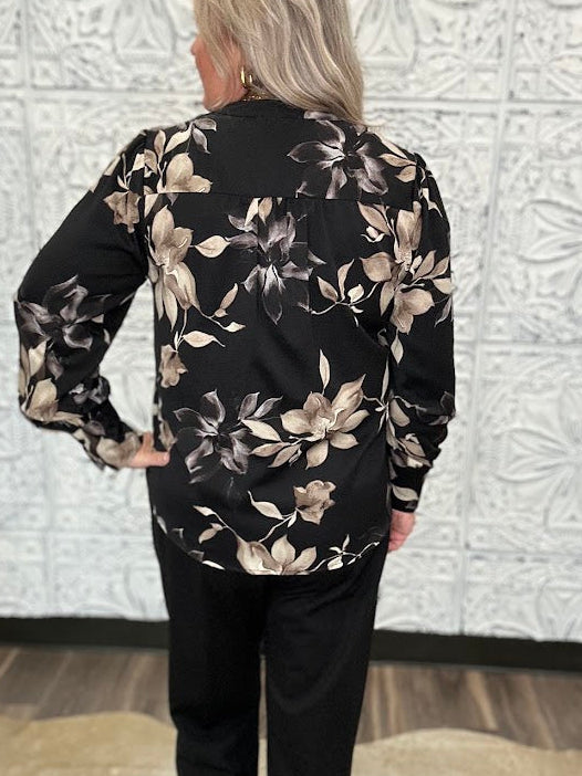 Black Floral Split Neck Blouse