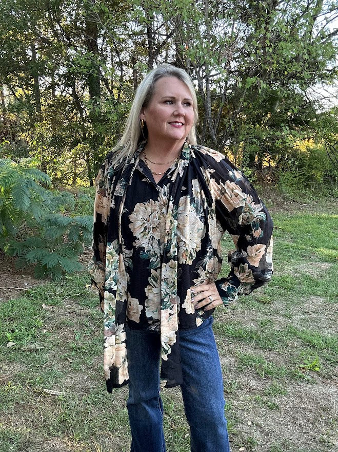 Black Floral Tie Neck Long Sleeve Blouse