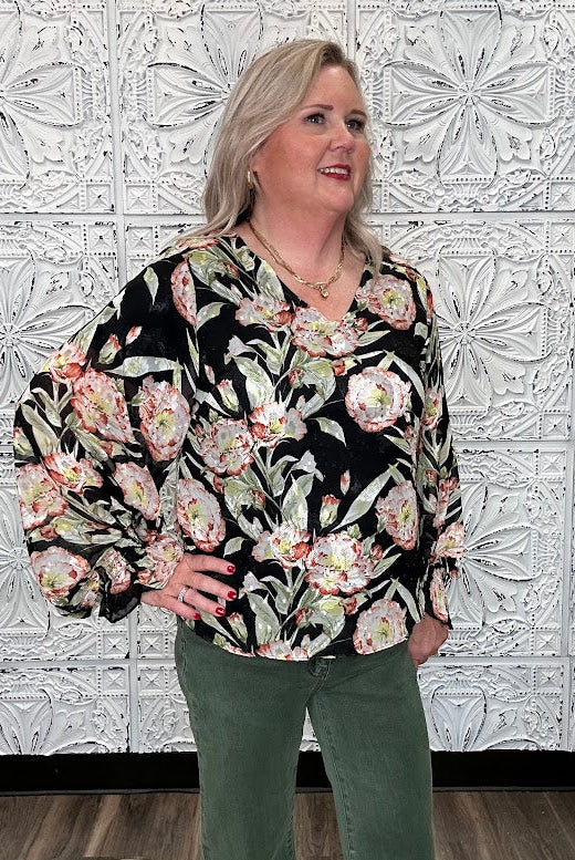 Black Floral V-Neck Bubble Sleeve Blouse