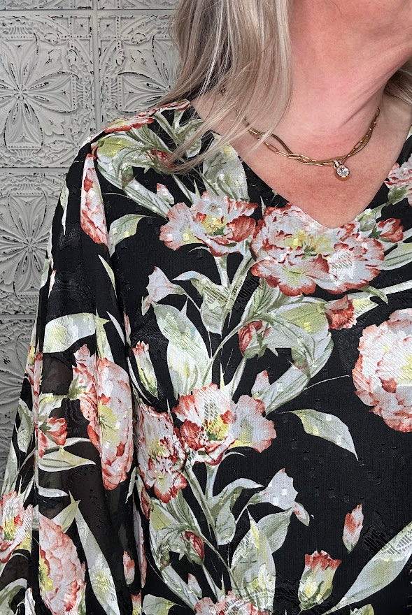 Black Floral V-Neck Bubble Sleeve Blouse