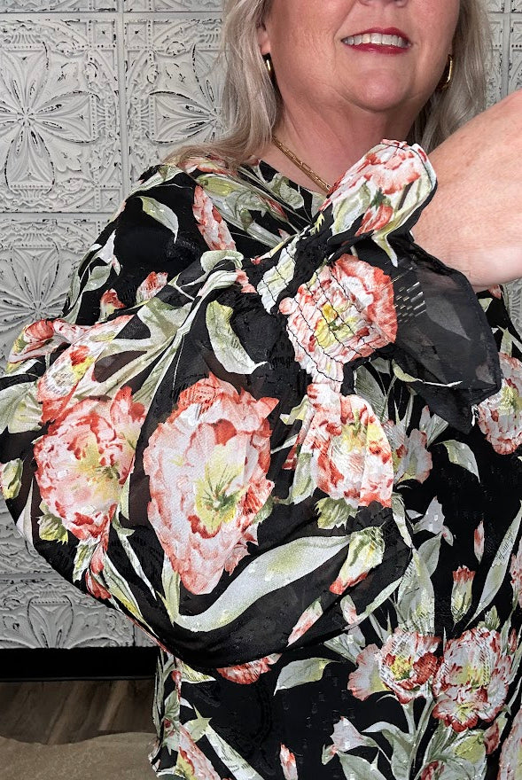 Black Floral V-Neck Bubble Sleeve Blouse