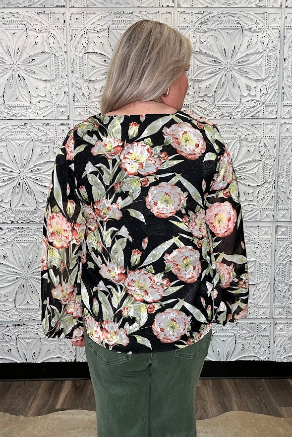 Black Floral V-Neck Bubble Sleeve Blouse