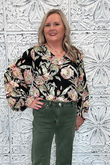 Black Floral V-Neck Bubble Sleeve Blouse