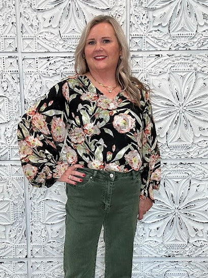 Black Floral V-Neck Bubble Sleeve Blouse