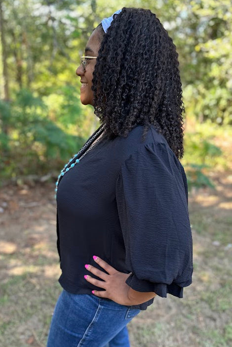 Black Gathered Balloon Sleeve Blouse