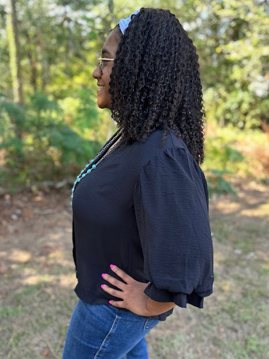 Black Gathered Balloon Sleeve Blouse