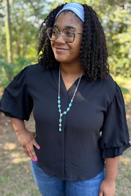 Black Gathered Balloon Sleeve Blouse