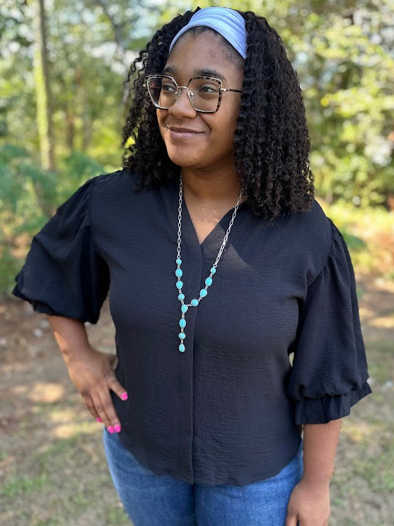 Black Gathered Balloon Sleeve Blouse