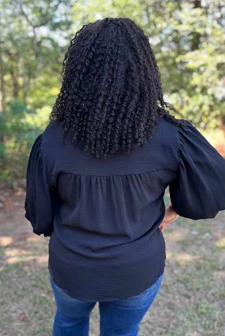 Black Gathered Balloon Sleeve Blouse