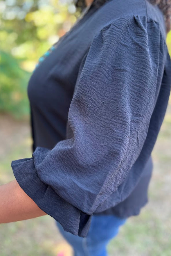 Black Gathered Balloon Sleeve Blouse