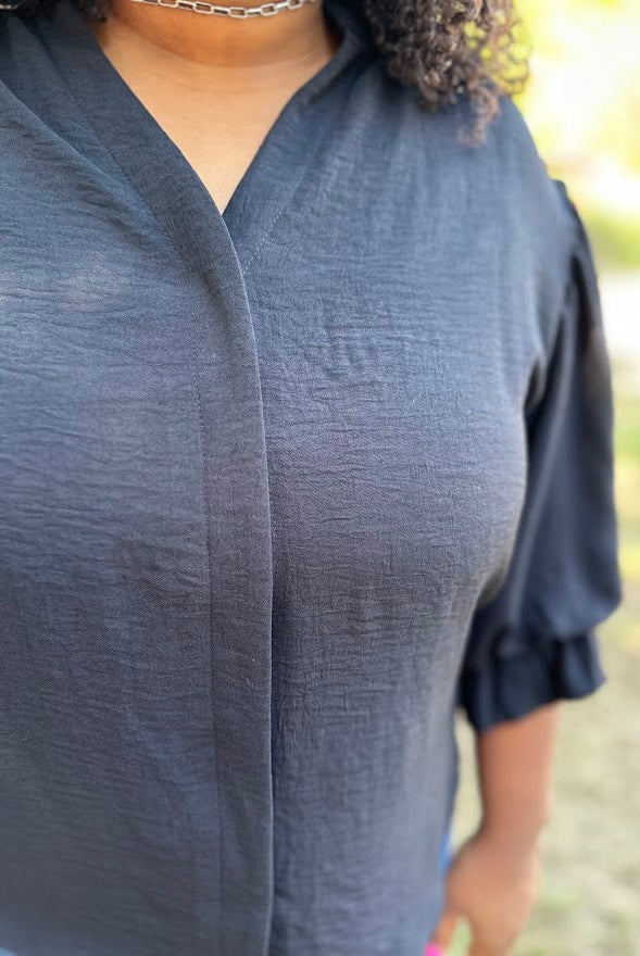 Black Gathered Balloon Sleeve Blouse
