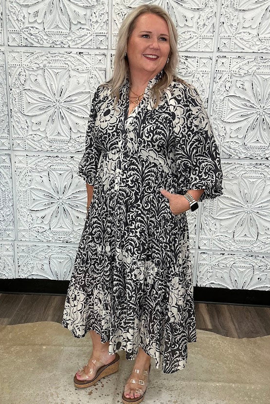 Black & Ivory Printed Tiered Midi Dress