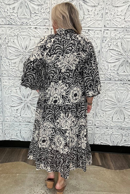 Black & Ivory Printed Tiered Midi Dress