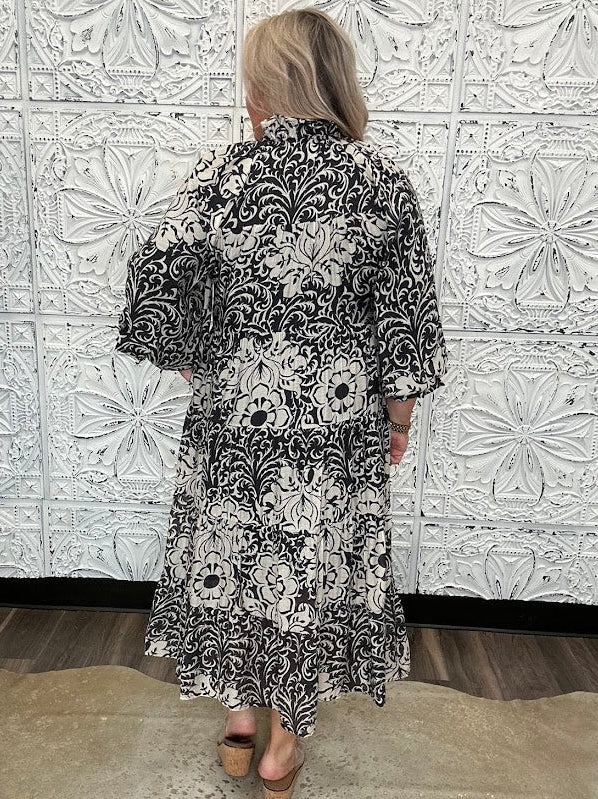 Black & Ivory Printed Tiered Midi Dress