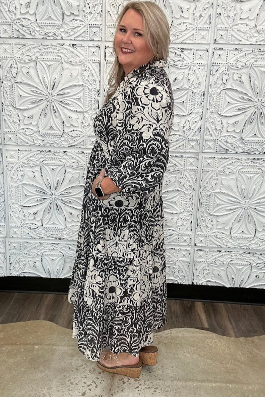 Black & Ivory Printed Tiered Midi Dress