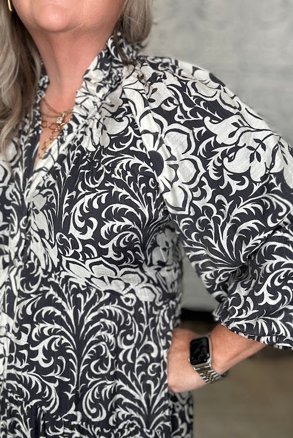 Black & Ivory Printed Tiered Midi Dress