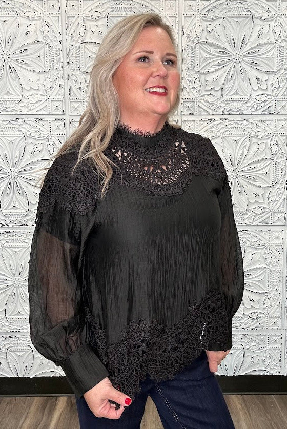 Black Lace Patchwork High Neck Blouse