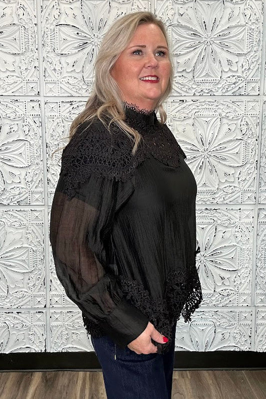 Black Lace Patchwork High Neck Blouse