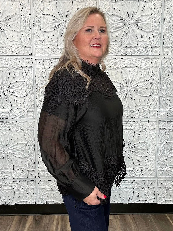 Black Lace Patchwork High Neck Blouse