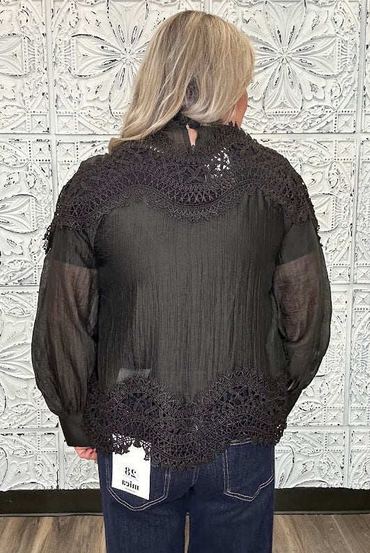 Black Lace Patchwork High Neck Blouse