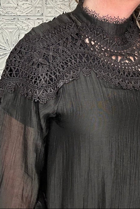 Black Lace Patchwork High Neck Blouse