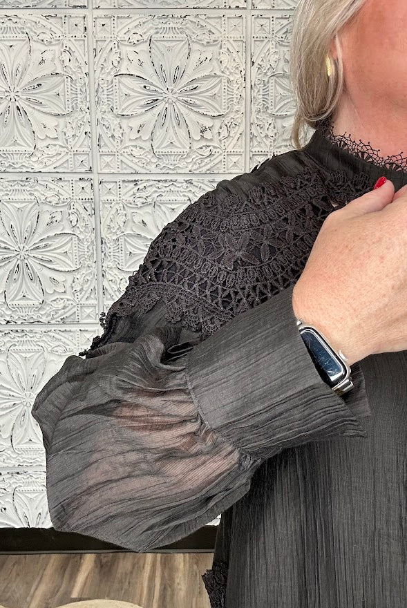 Black Lace Patchwork High Neck Blouse