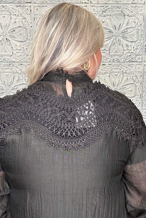 Black Lace Patchwork High Neck Blouse