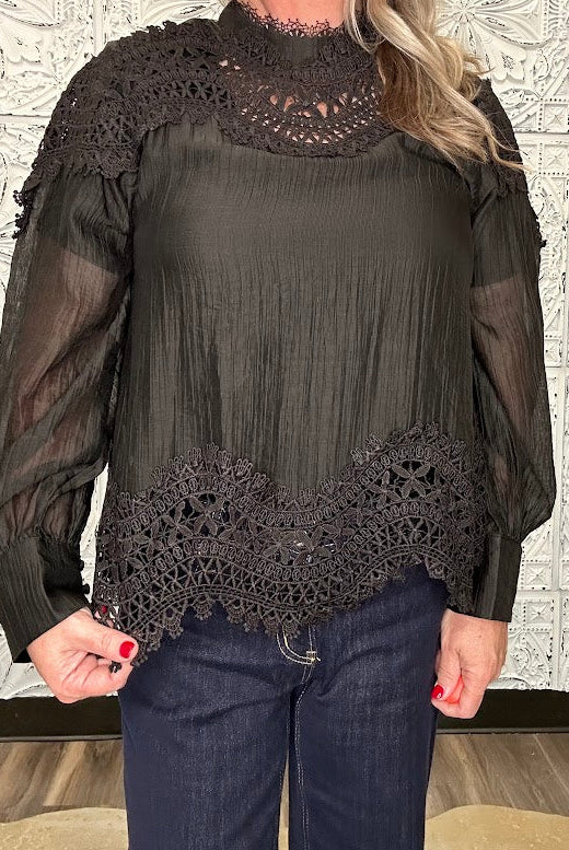 Black Lace Patchwork High Neck Blouse