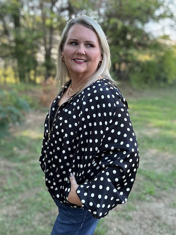 Black Polka Dot Satin Zip-Up Jacket