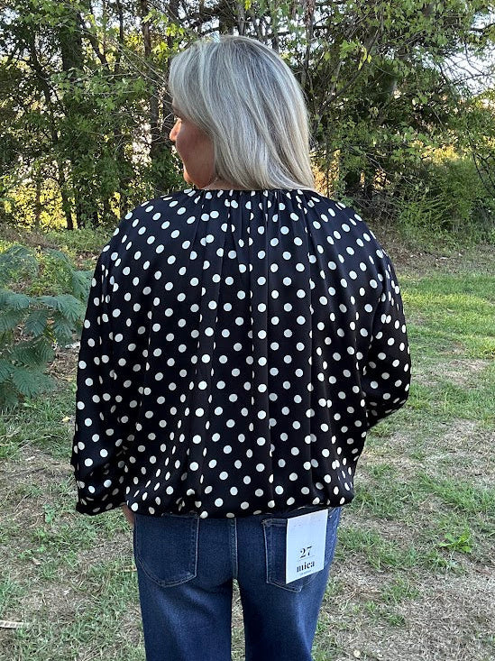 Black Polka Dot Satin Zip-Up Jacket
