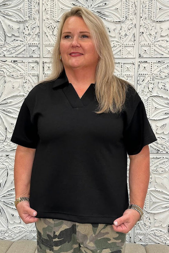 Black Soft Knit Collared V-Neck Top