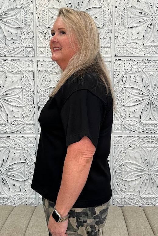 Black Soft Knit Collared V-Neck Top