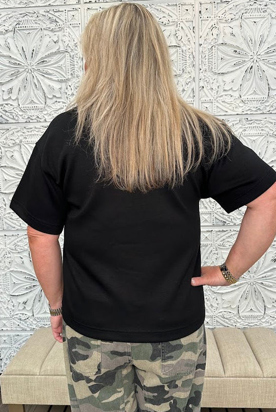 Black Soft Knit Collared V-Neck Top