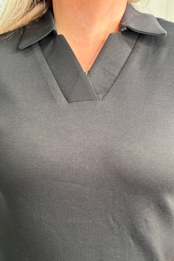 Black Soft Knit Collared V-Neck Top