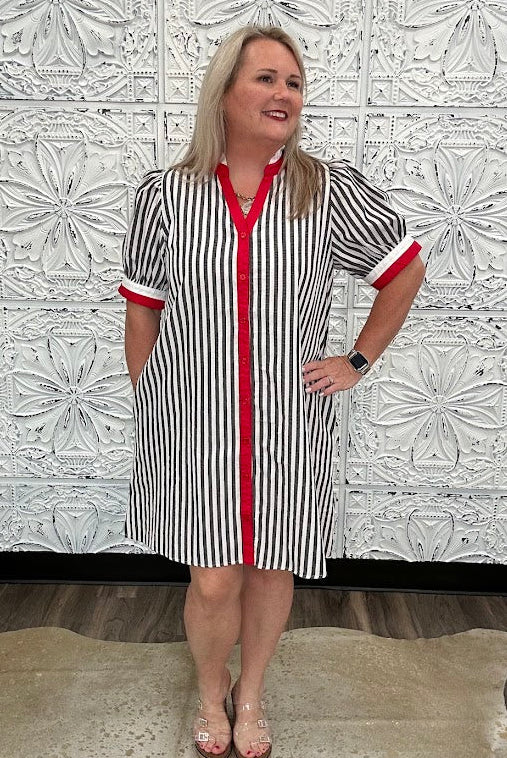 Black & White Striped Contrast Trim Shirt Dress