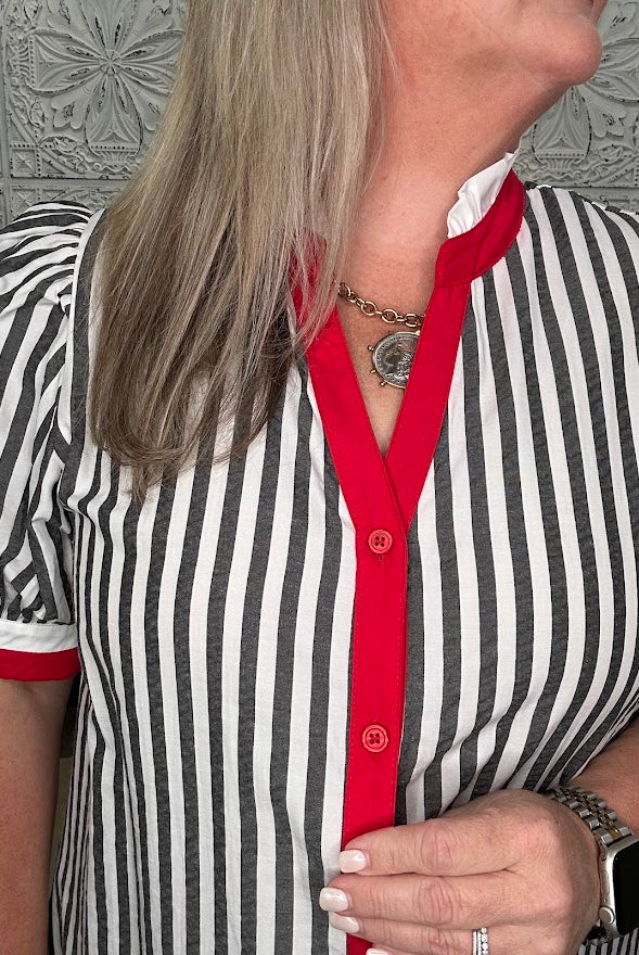 Black & White Striped Contrast Trim Shirt Dress