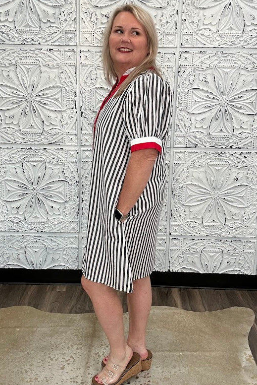 Black & White Striped Contrast Trim Shirt Dress