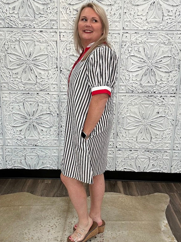 Black & White Striped Contrast Trim Shirt Dress