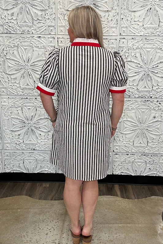 Black & White Striped Contrast Trim Shirt Dress
