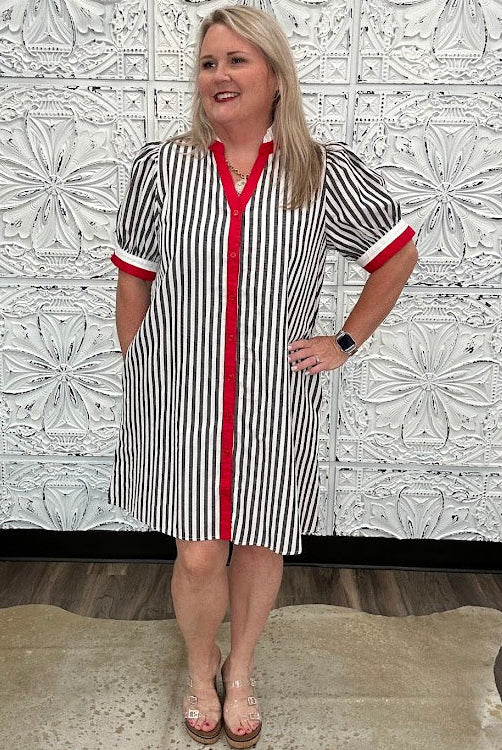 Black & White Striped Contrast Trim Shirt Dress