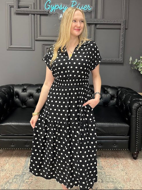 polka dot midi dress, black and white dress, smocked waist dress, boutique midi dress, regular and curvy dress, collared midi dress