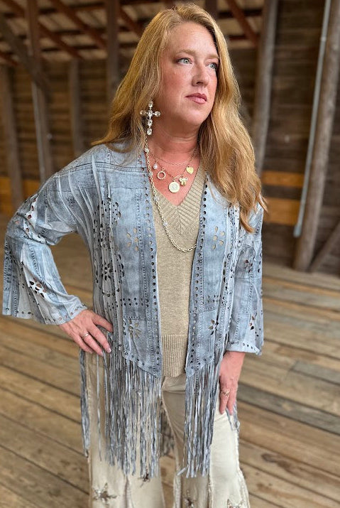 Blue Denim Print Laser-Cut Faux Suede Fringe Jacket