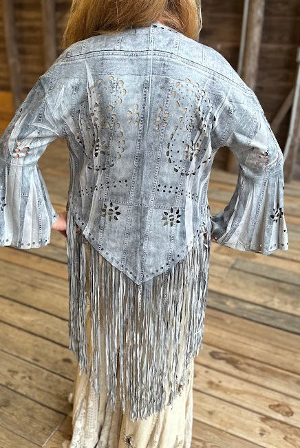 Blue Denim Print Laser-Cut Faux Suede Fringe Jacket
