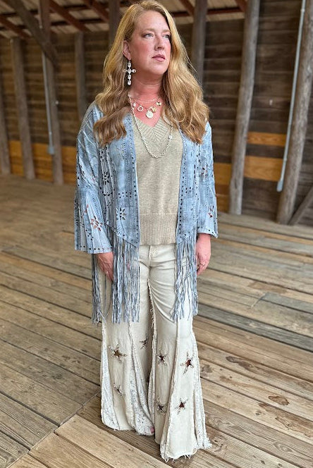 Blue Denim Print Laser-Cut Faux Suede Fringe Jacket