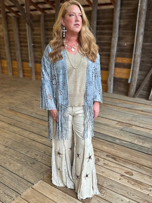 Blue Denim Print Laser-Cut Faux Suede Fringe Jacket
