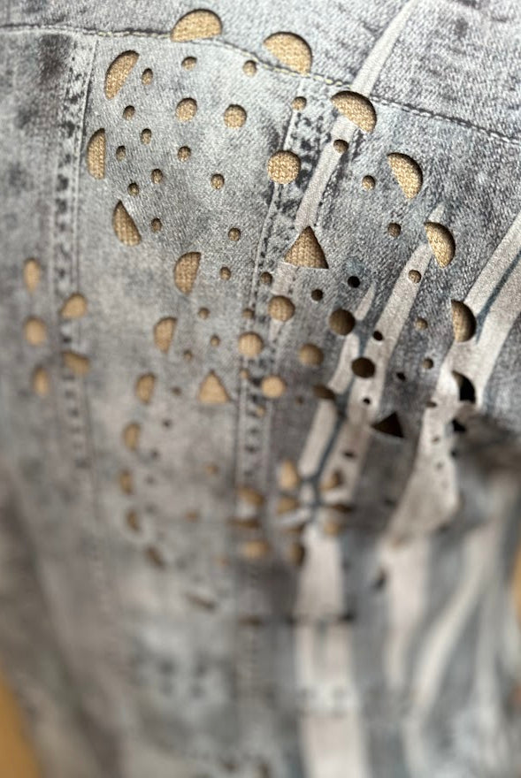 Blue Denim Print Laser-Cut Faux Suede Fringe Jacket
